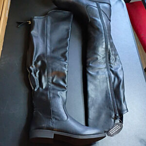Women’s Black Faux Leather Over-The-Knee Riding Boots Round Toe Side Zip 6
